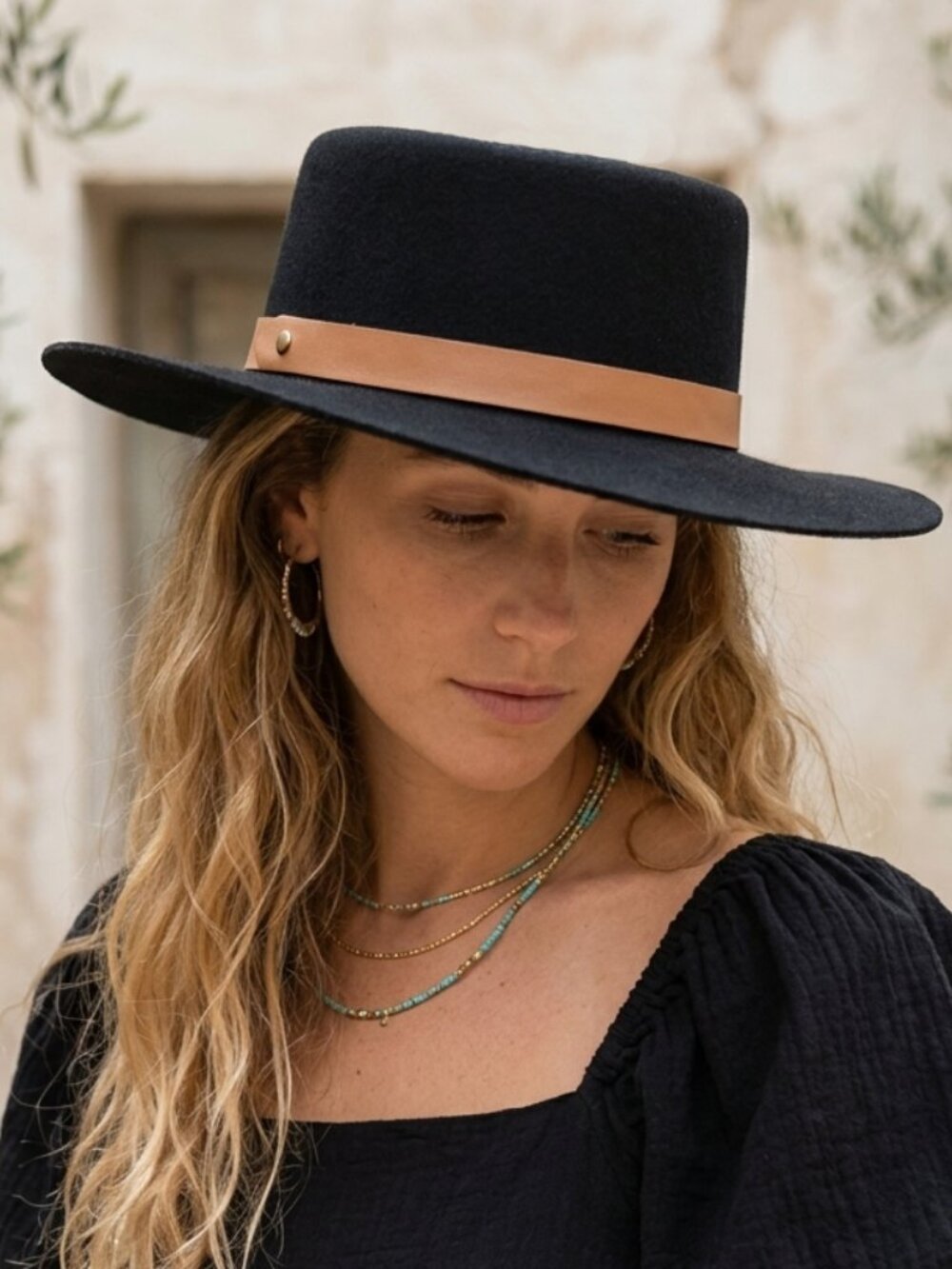 Gigi Pip black bolero / boater hat with brown leather band
